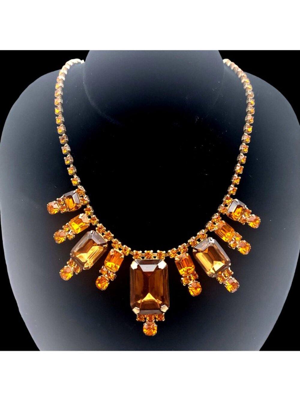 Statement Necklace Amber Faceted Rhinestone Style Bib 16" Adjustable Hook Clasp - Picture 2 of 8